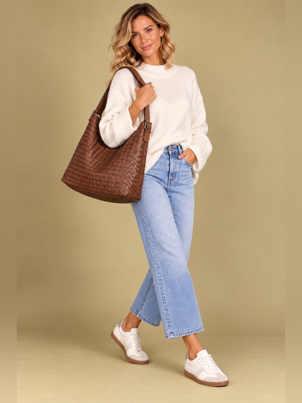 A New Day Brown Woven Shoulder Hobo Bag Adjustable Strap Large
